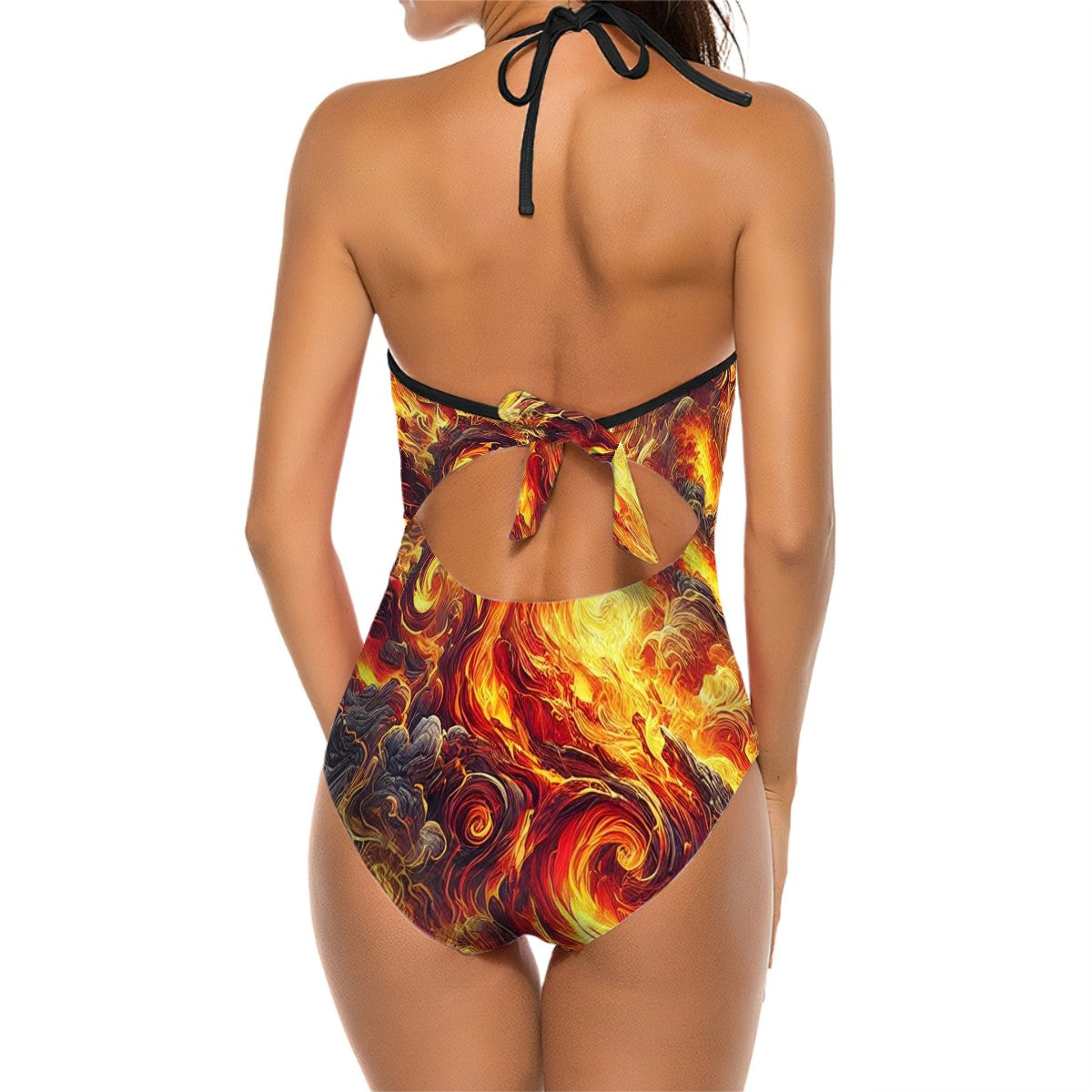 Halter One Piece Swimsuit with Cutout and Mesh - Vibrant Flame, Feathers or Gradient Color Designs -Women Size S - XXL