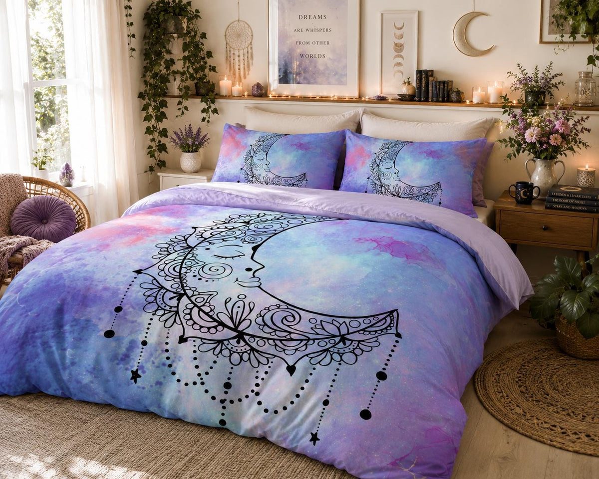 Blue Crescent Moon Duvet Cover Set – Watercolor Sleeping Moon Queen Bedding, Includes 2 Pillowcases