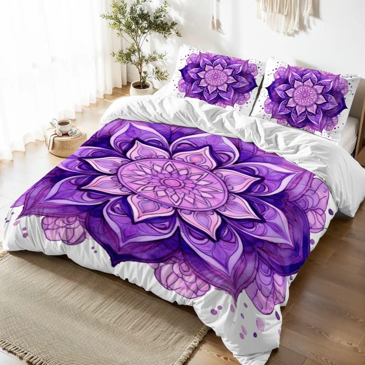 Purple Mandala Queen Duvet Cover Set – Boho Chic White Bedding, Cozy and Stylish Bedroom Decor