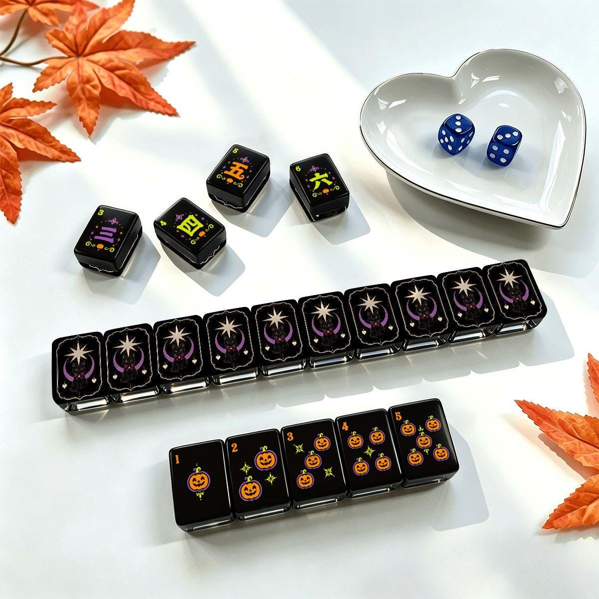 Cute Kitty Halloween Mahjong Tiles, Mahjong Set with Rules, Black Cat Design Luxury Mahjong Tiles Acrylic