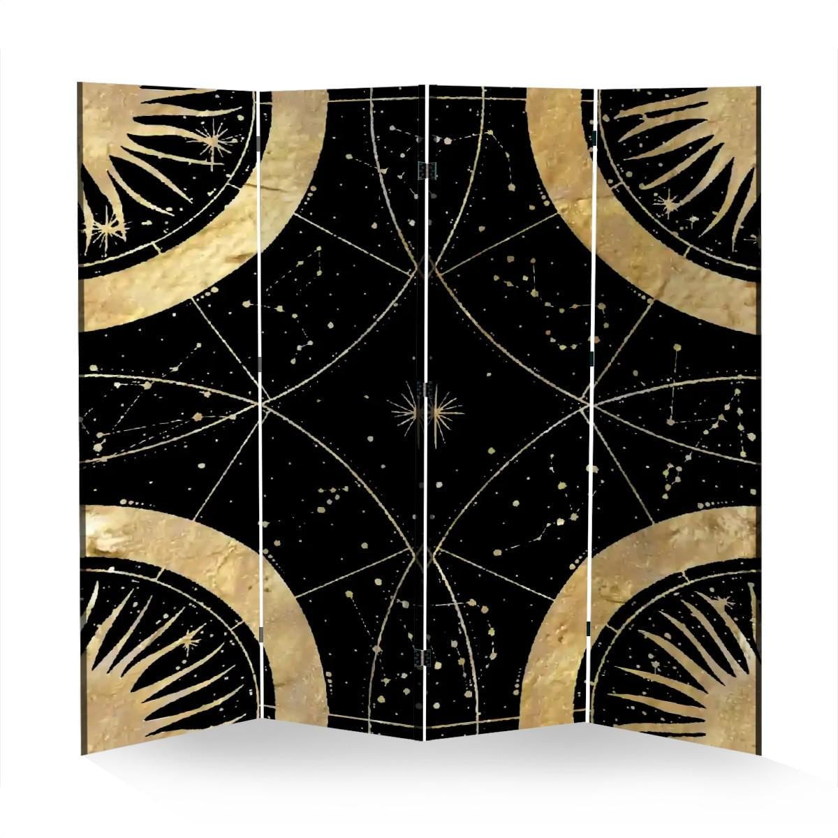 Black and Gold Celestial Room Divider | 4 Panel Folding Screen | Witchy Whimsigoth Home Decor | Boho Star Map Privacy Screen