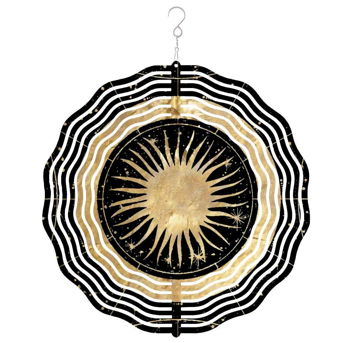 Black and Gold Sun Wind Spinner | 3D Metal Celestial Garden Spinner | Witchy Whimsigoth Decor Indoor or Outdoor