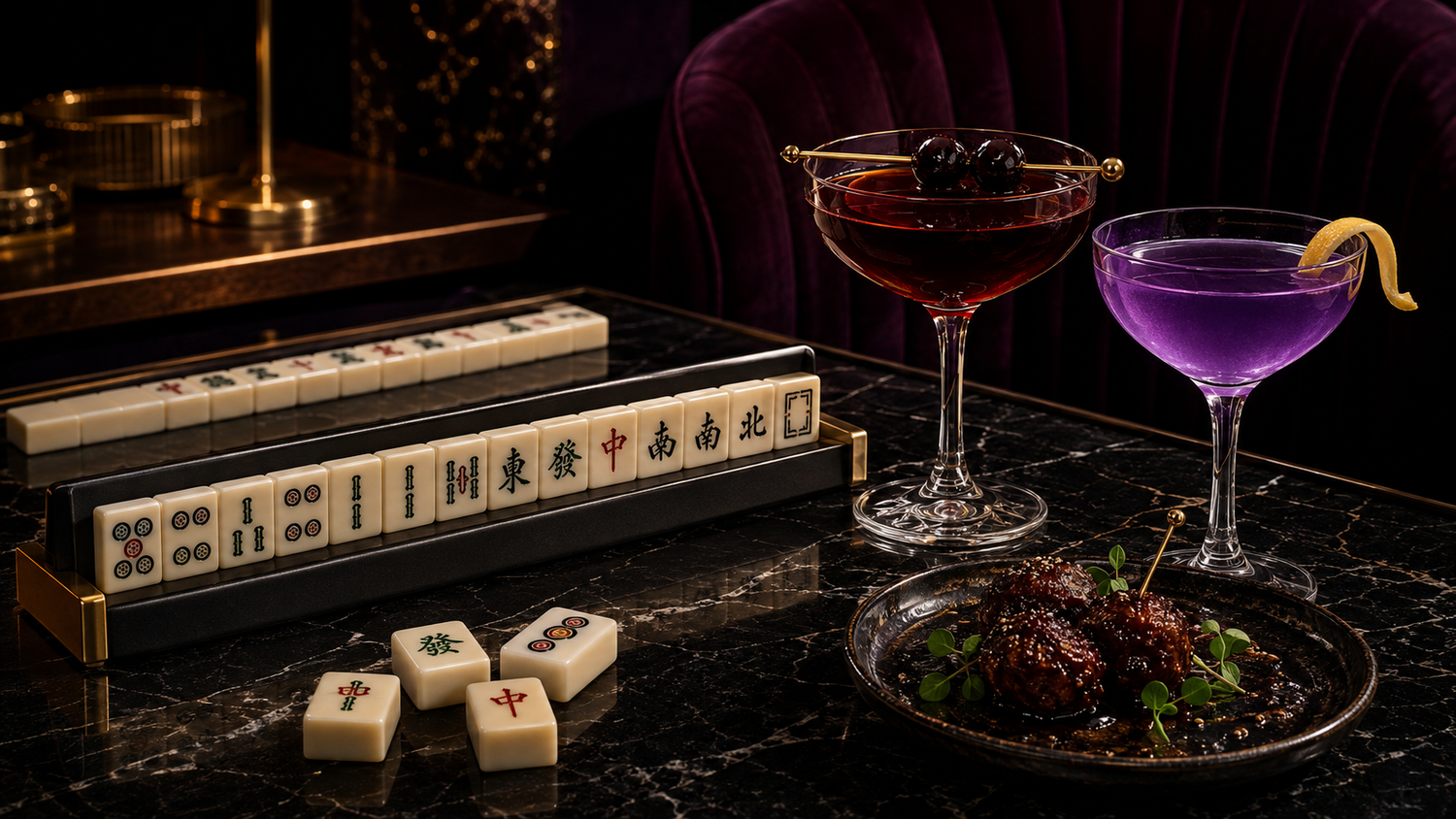 After Dark Mahjong Society collection with bright ivory tiles, black cherry cocktails, and black marble