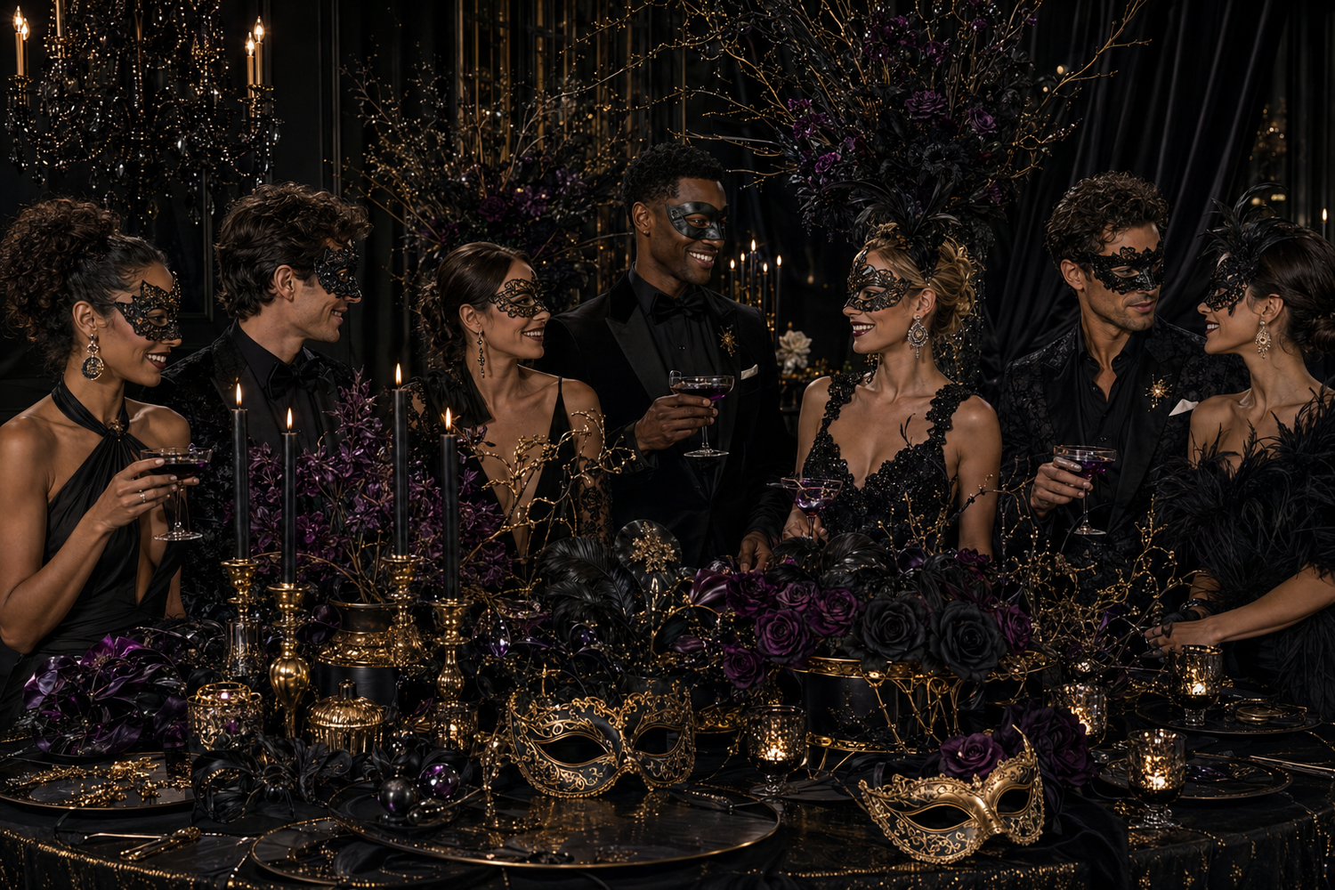 Blackthorn Masquerade gathering with formal masked guests, blackthorn branches, black and plum roses, black candles, and antique gold