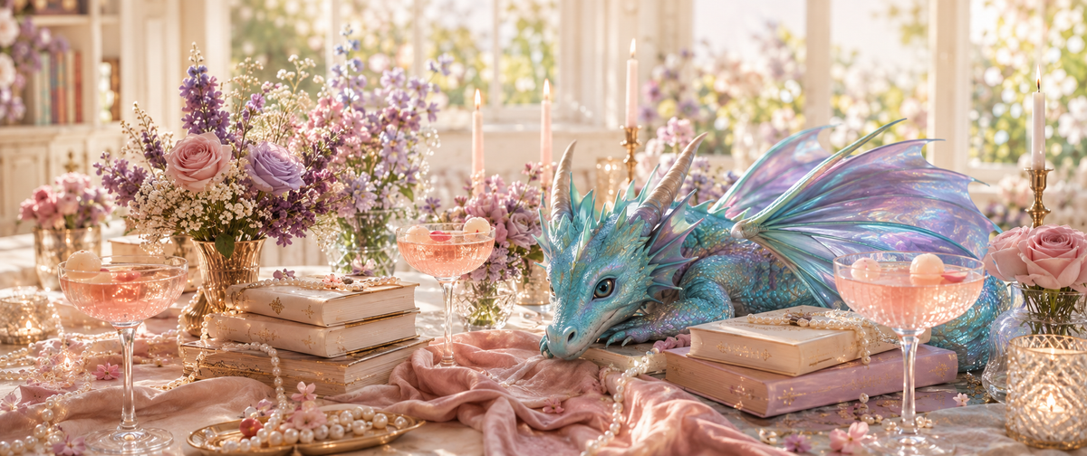 Blush Dragon book club table with an iridescent aqua dragon, pastel flowers, pearls, and blush drinks