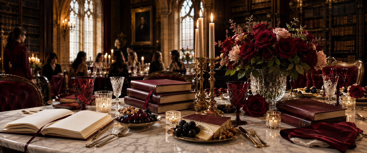 Crimson Court book club table with burgundy books, red roses, ruby crystal, ivory marble, and antique gold