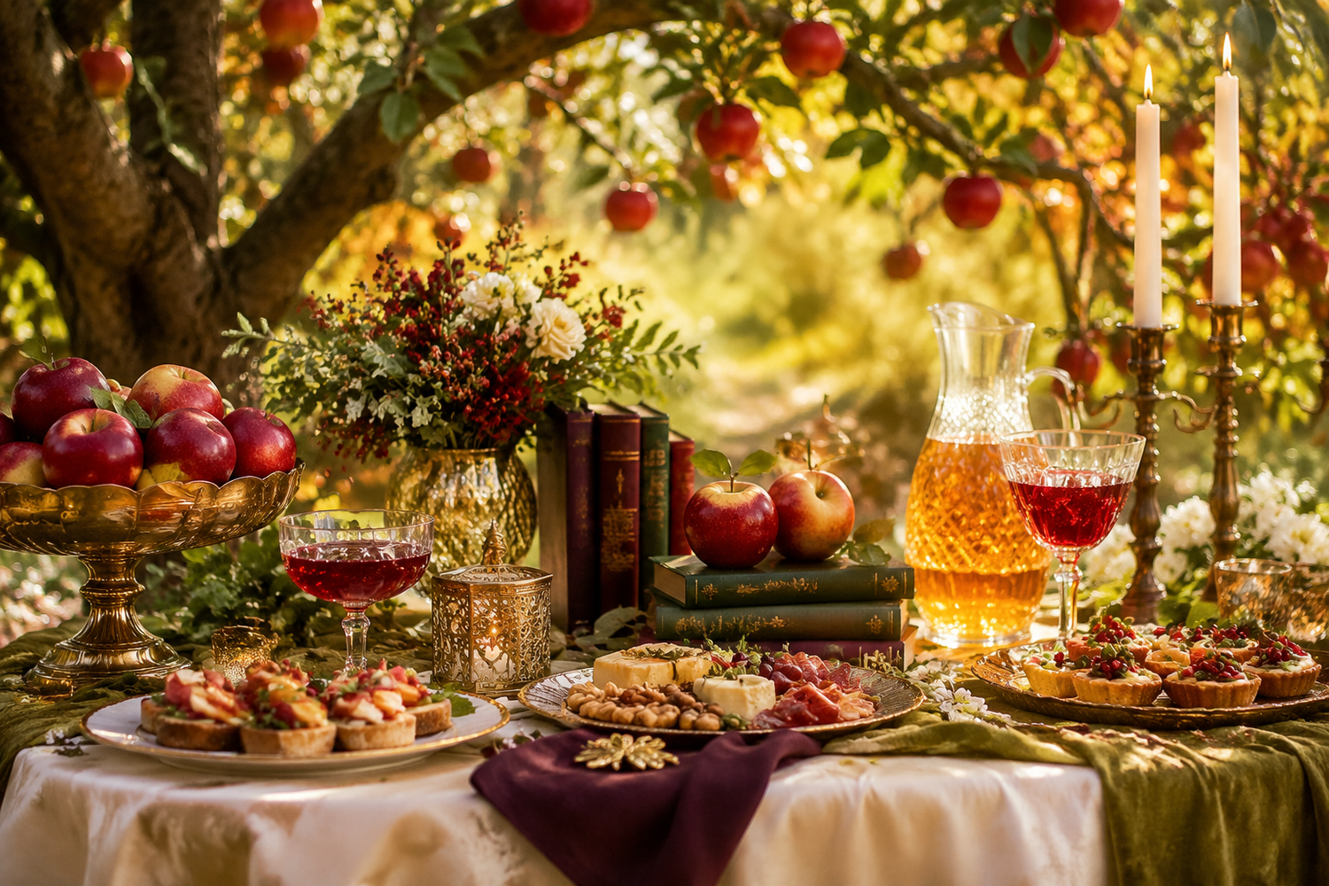 Enchanted Orchard hosting table beneath apple trees with books, red and golden apples, jewel-toned drinks, ivory linen, and antique gold