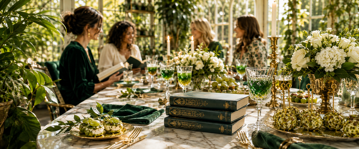 Elegant Gilded Greenwood book club gathering in a luminous green and gold conservatory