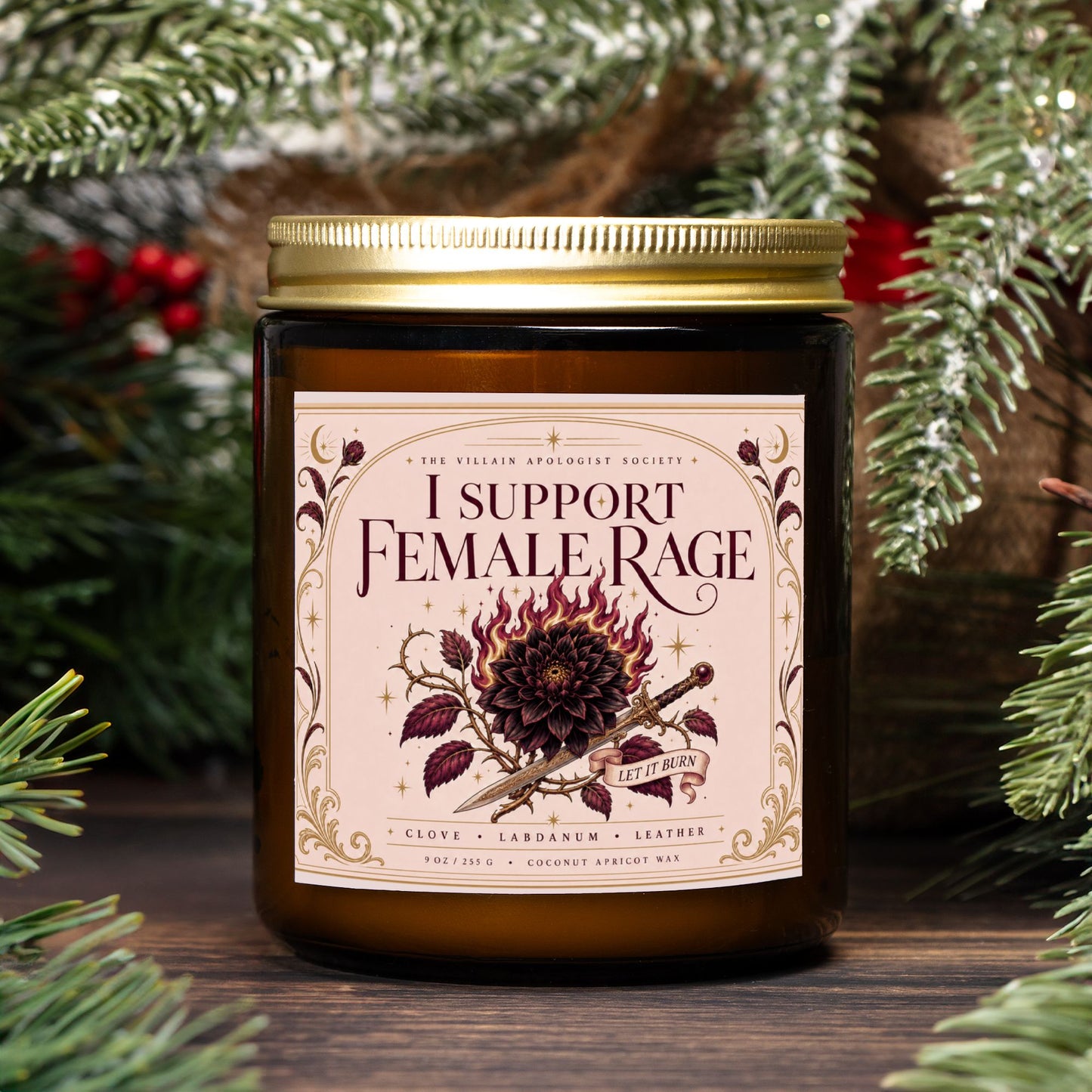 Romantasy Candle for Book Lovers, I Support Female Rage,  Clove Labdanum Leather Scented Candle
