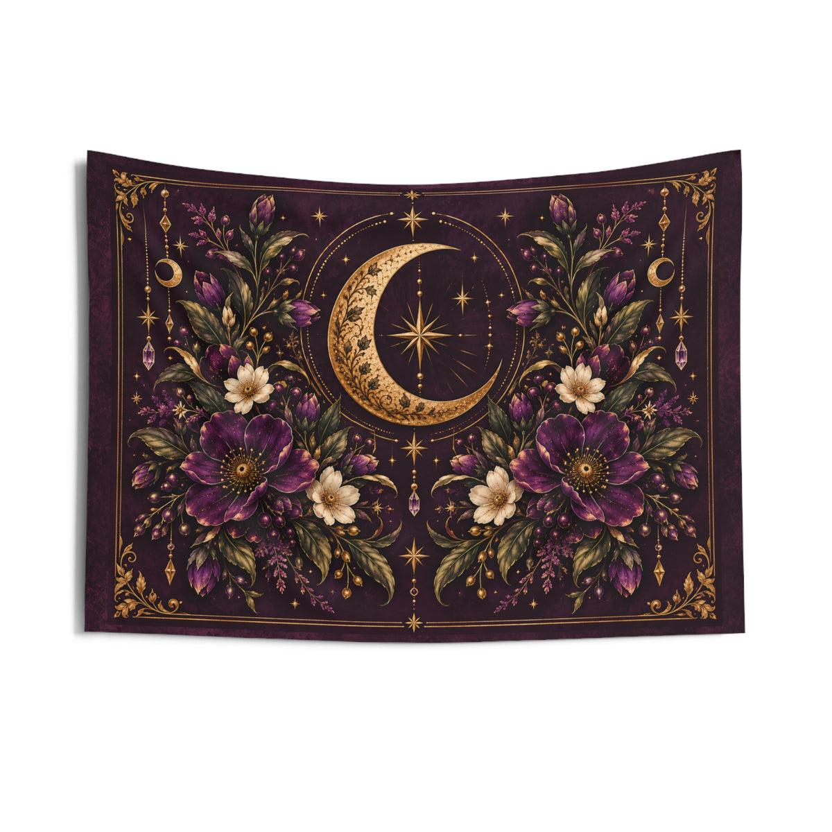 Violet Hour Gold Crescent Moon Floral Indoor Wall Tapestry | Mystic Boho Celestial Decor | Whimsigoth Aesthetic