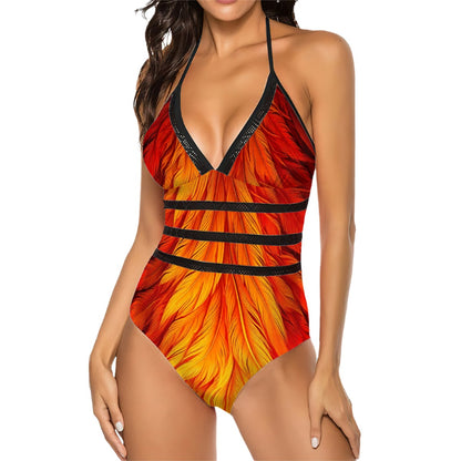 Halter One Piece Swimsuit with Cutout and Mesh  - Vibrant Flame, Feathers or Gradient Color Designs -Women Size S - XXL