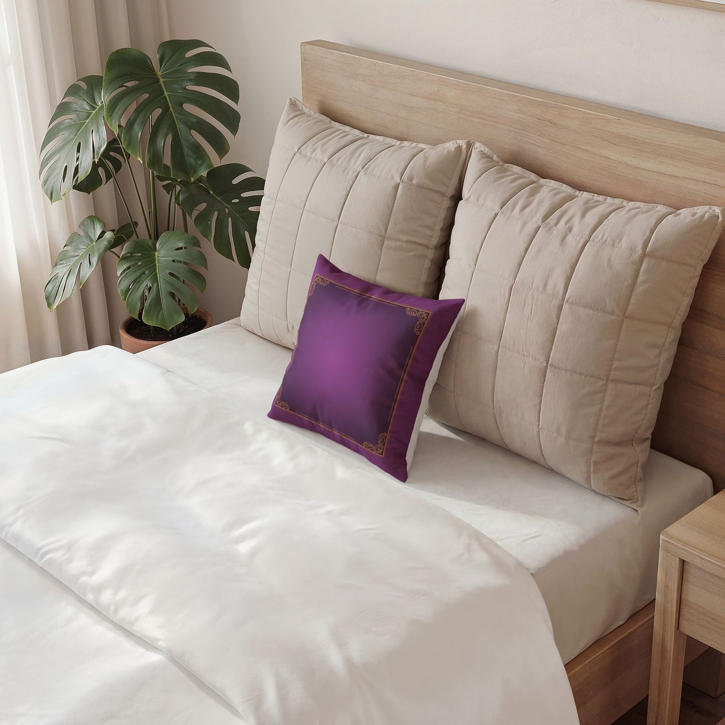 Purple Velvet Decorative Pillow, Gold Filigree Border | Square Throw Pillow