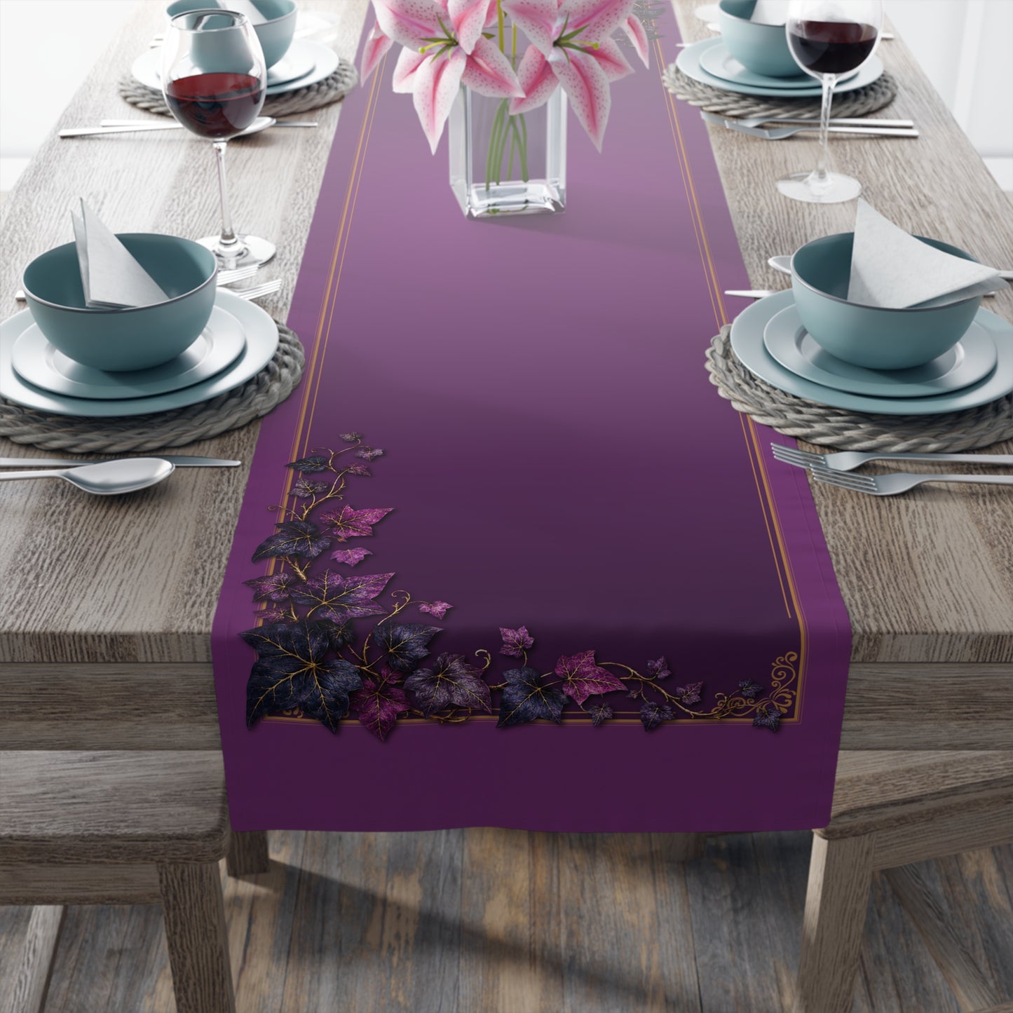 Purple Floral Border Table Runner | Midnight Autumn Vine Dinner Table Runner 16"x72"