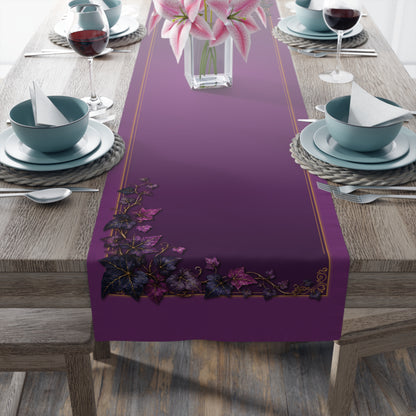 Purple Floral Border Table Runner | Midnight Autumn Vine Dinner Table Runner 16"x72"