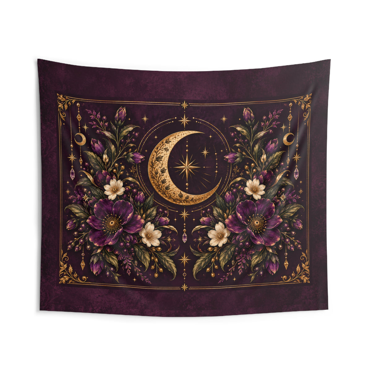 Violet Hour Gold Crescent Moon Floral Indoor Wall Tapestry | Mystic Boho Celestial Decor | Whimsigoth Aesthetic