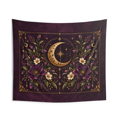 Violet Hour Gold Crescent Moon Floral Indoor Wall Tapestry | Mystic Boho Celestial Decor | Whimsigoth Aesthetic