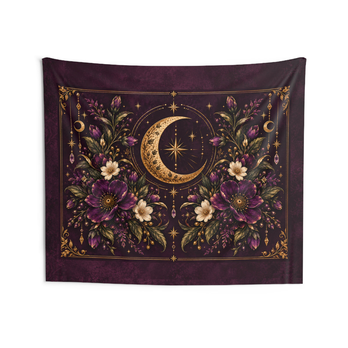 Violet Hour Gold Crescent Moon Floral Indoor Wall Tapestry | Mystic Boho Celestial Decor | Whimsigoth Aesthetic