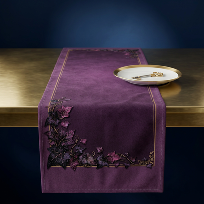 Purple Floral Border Table Runner | Midnight Autumn Vine Dinner Table Runner 16"x72"