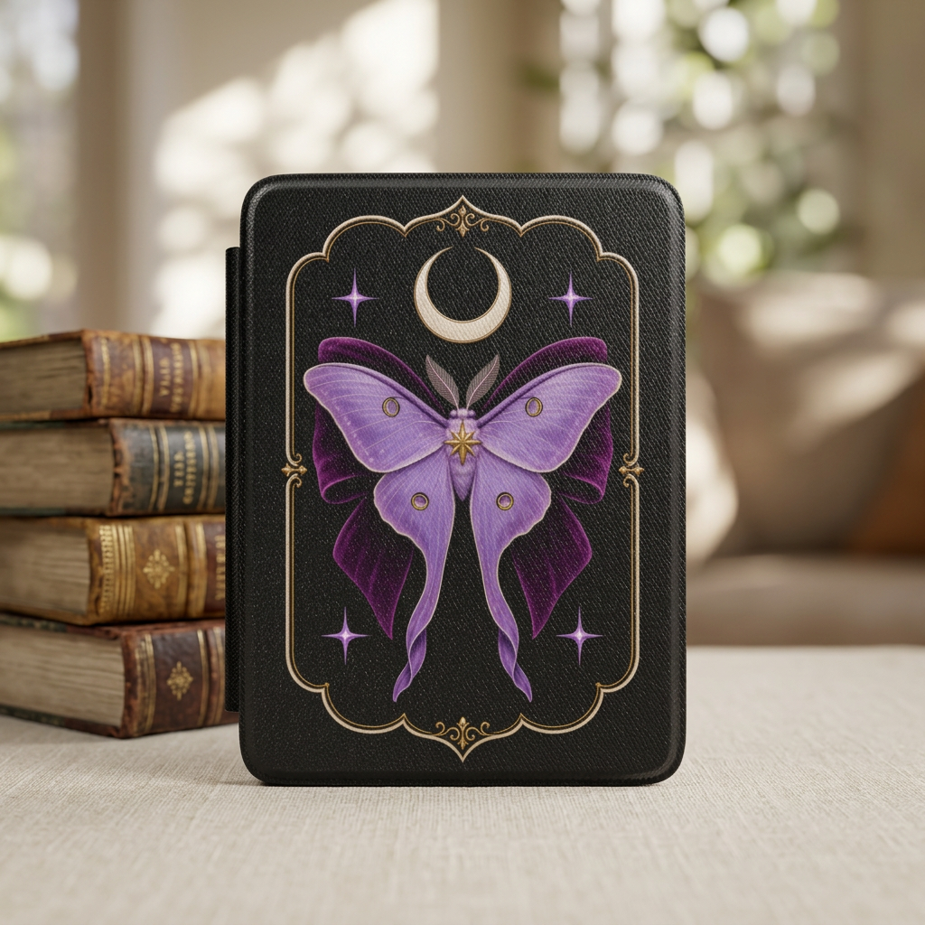 Kindle Case Purple Luna Month | Kindle Paperwhite 7" 12th Gen. Cover w/ Strap | Crescent Moon eReader Sleeve | Gothic Celestial Aesthetic