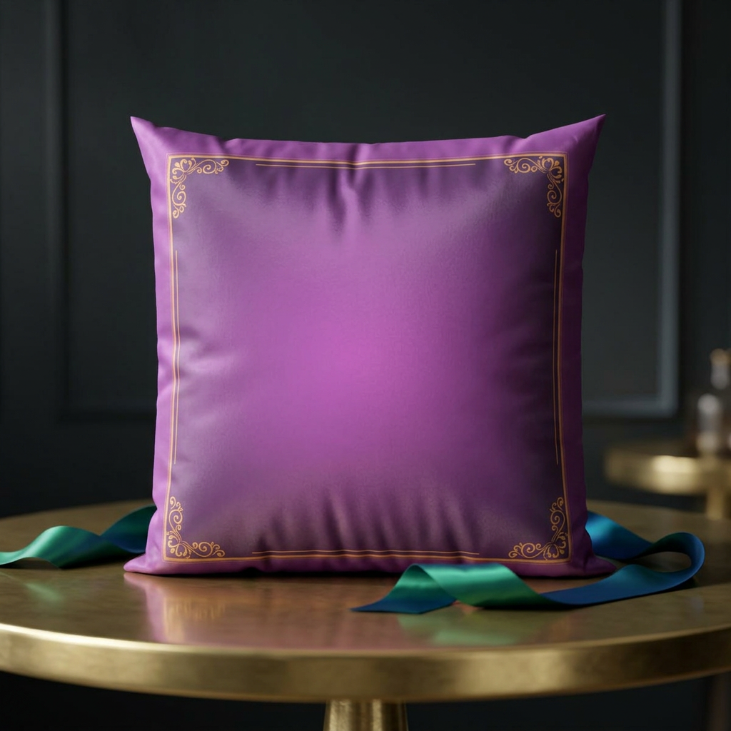 Purple Velvet Decorative Pillow, Gold Filigree Border | Square Throw Pillow