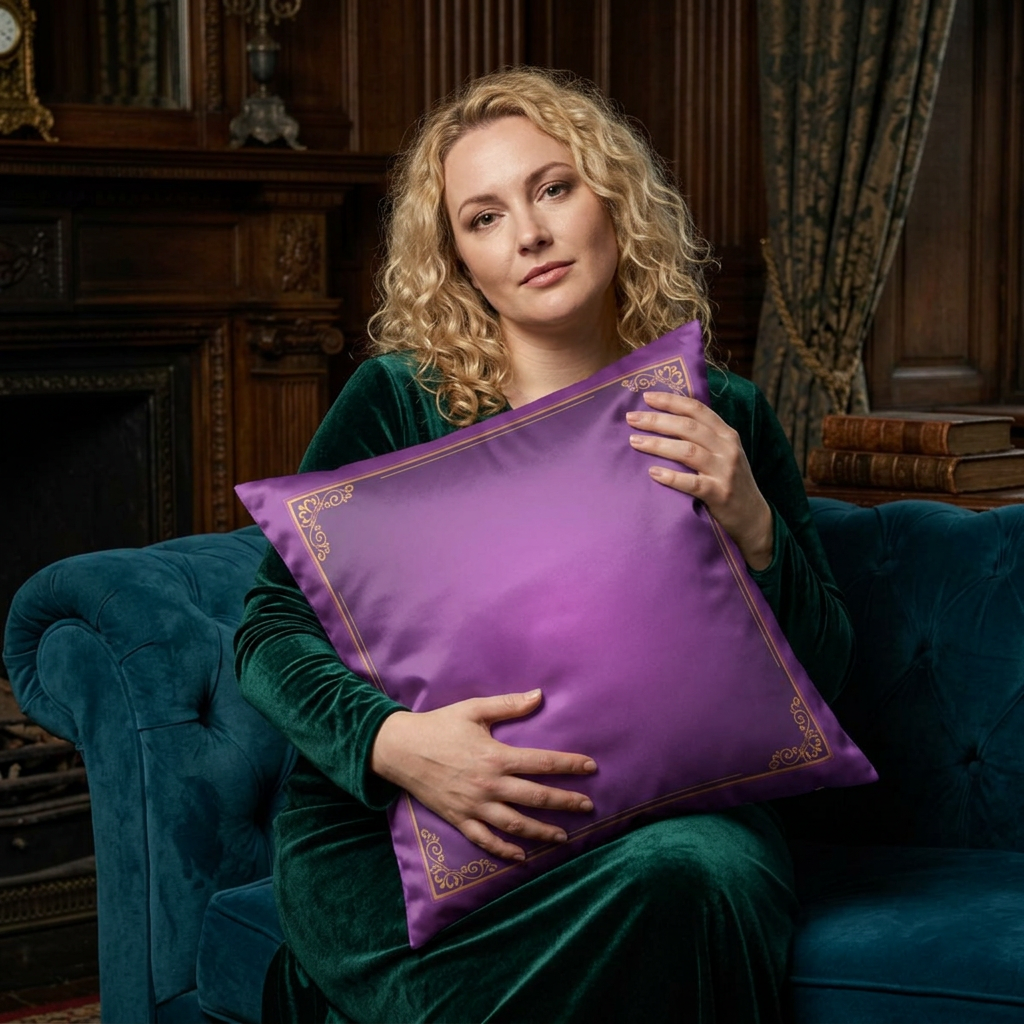 Purple Velvet Decorative Pillow, Gold Filigree Border | Square Throw Pillow