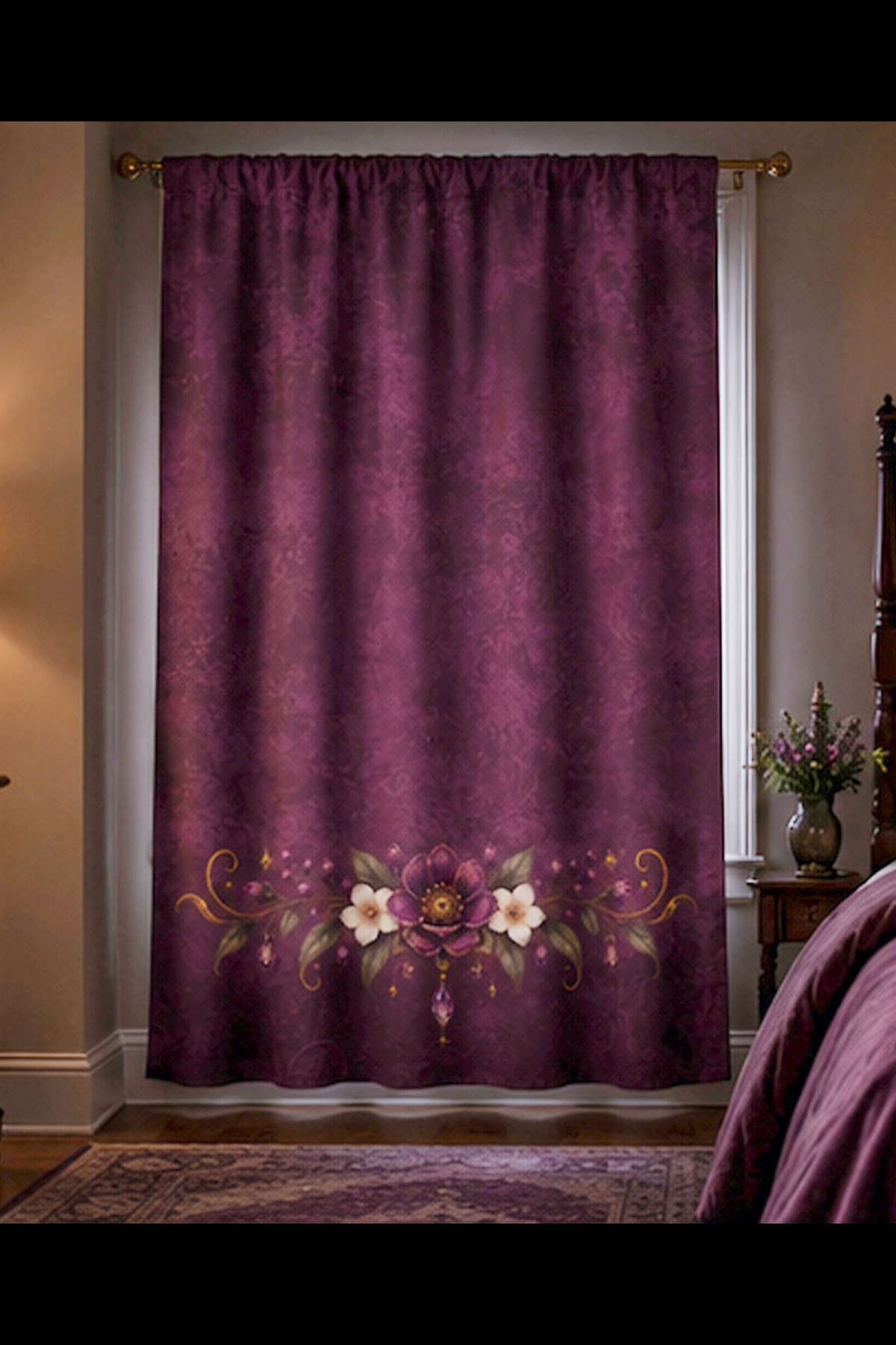 Violet Hour Vintage Floral Border Window Curtains | Plum Black Out Curtain, One Panel