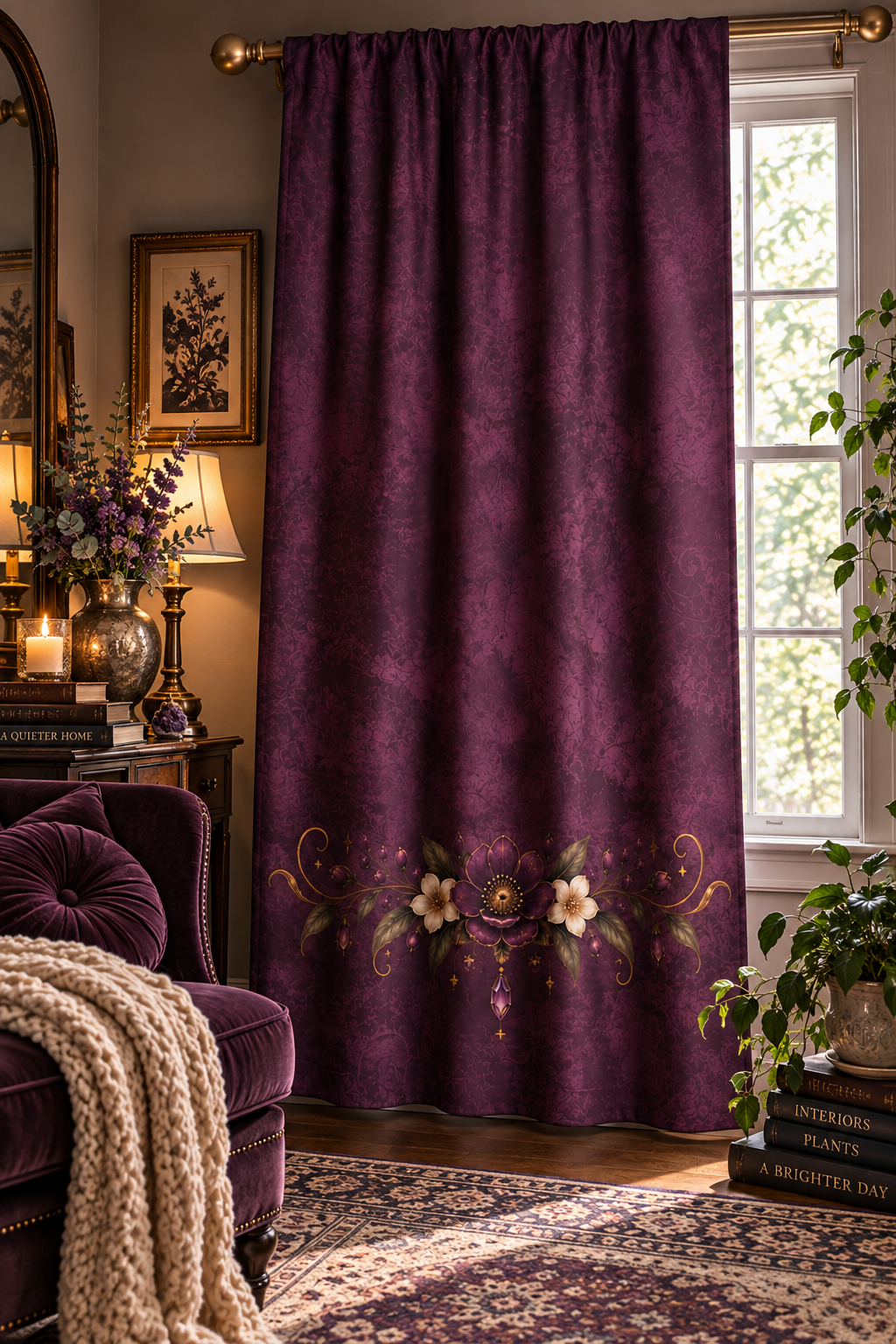 Violet Hour Vintage Floral Border Window Curtains | Plum Black Out Curtain, One Panel