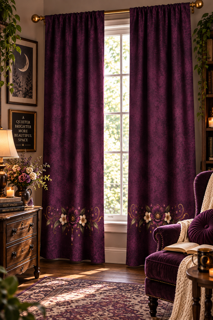 Violet Hour Vintage Floral Border Window Curtains | Plum Black Out Curtain, One Panel