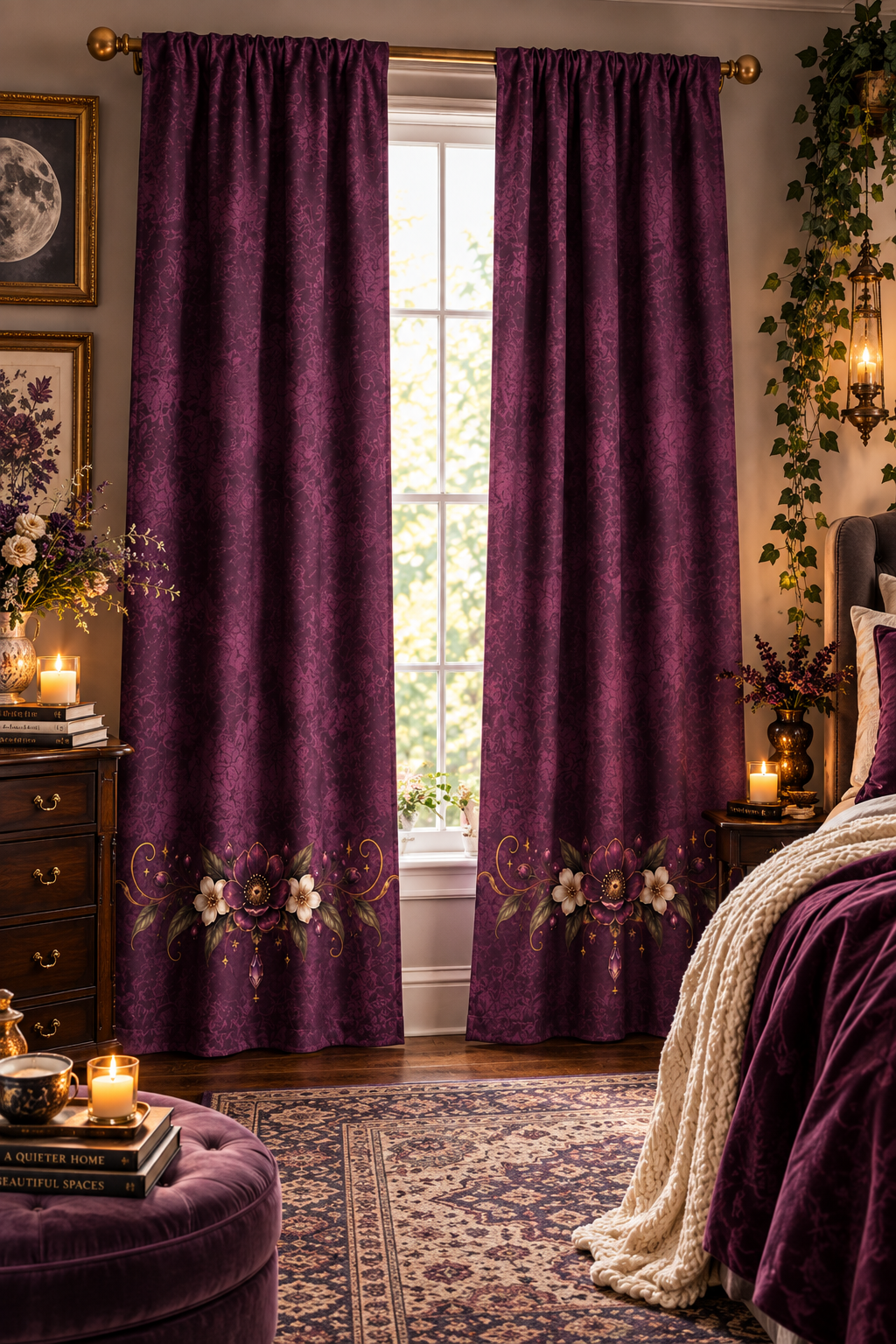 Violet Hour Vintage Floral Border Window Curtains | Plum Black Out Curtain, One Panel