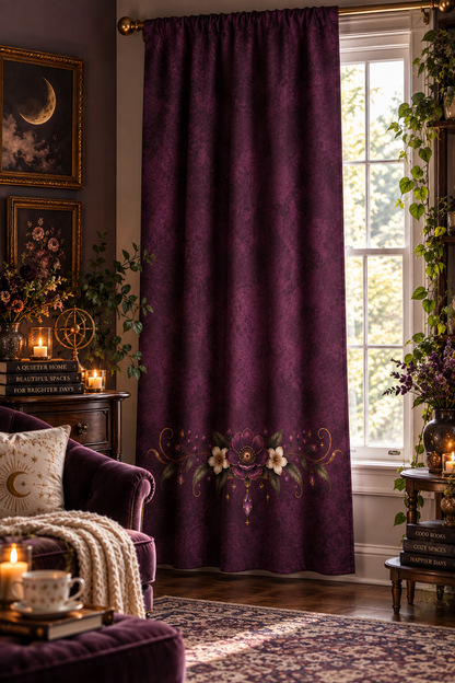 Violet Hour Vintage Floral Border Window Curtains | Plum Black Out Curtain, One Panel