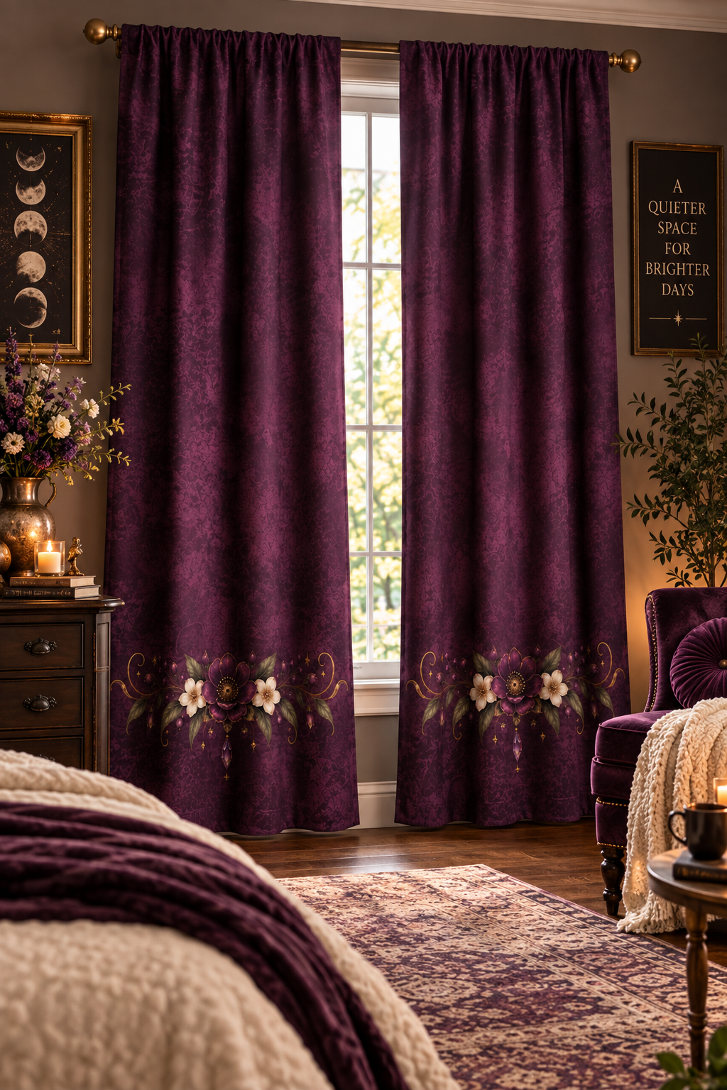Violet Hour Vintage Floral Border Window Curtains | Plum Black Out Curtain, One Panel