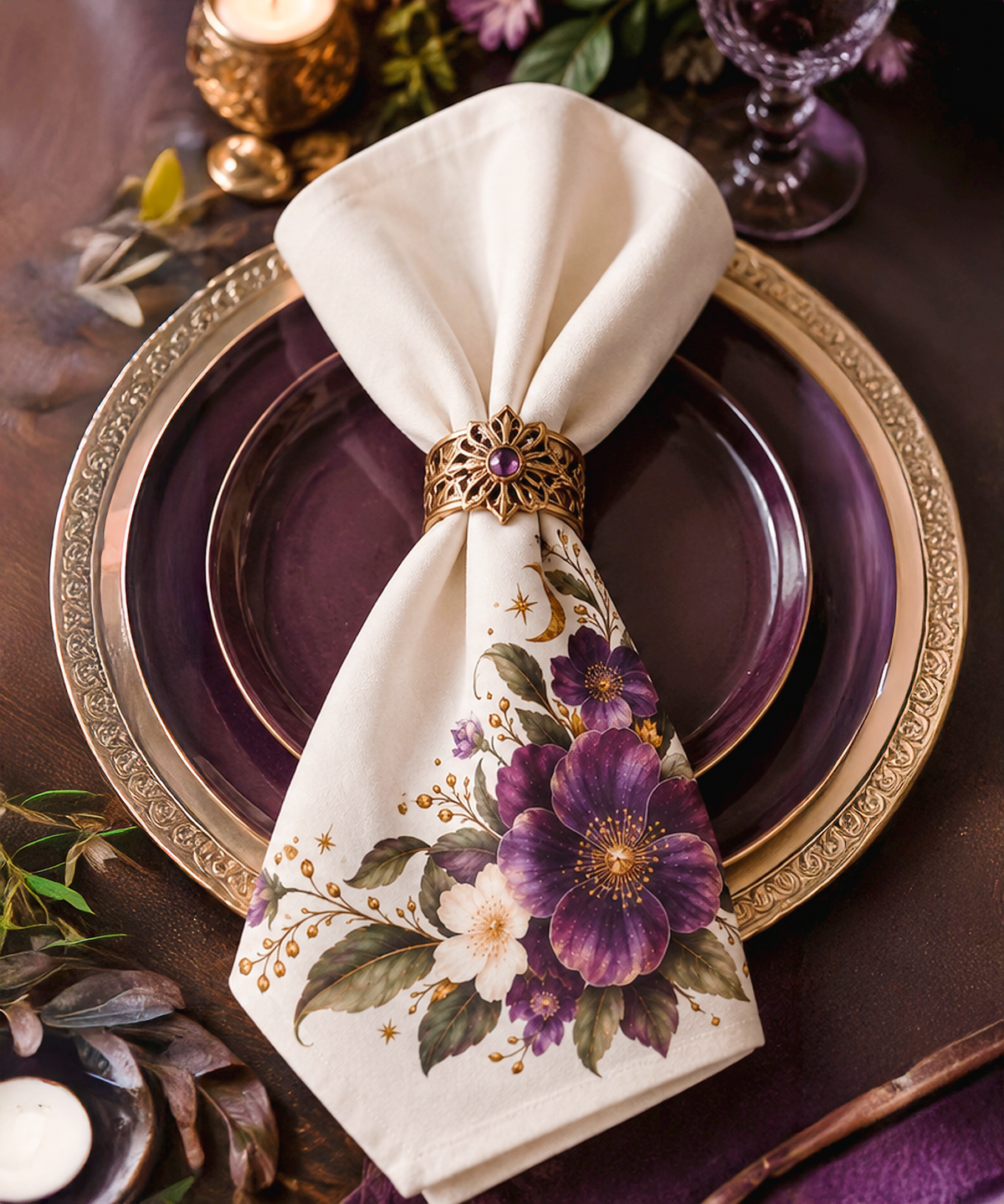 Purple Floral Corner Napkins Set of 4 | Plum Ivory Merlot Table Linens | Luxury Cloth Napkins for Dinner Party