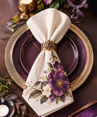 Purple Floral Corner Napkins Set of 4 | Plum Ivory Merlot Table Linens | Luxury Cloth Napkins for Dinner Party