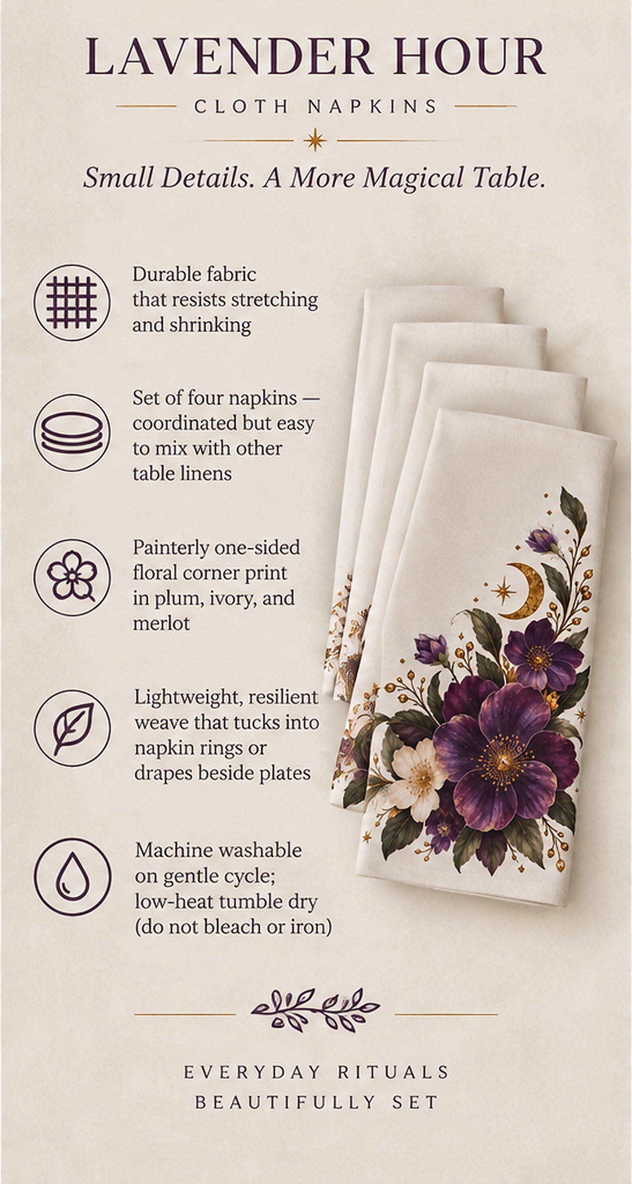 Purple Floral Corner Napkins Set of 4 | Plum Ivory Merlot Table Linens | Luxury Cloth Napkins for Dinner Party