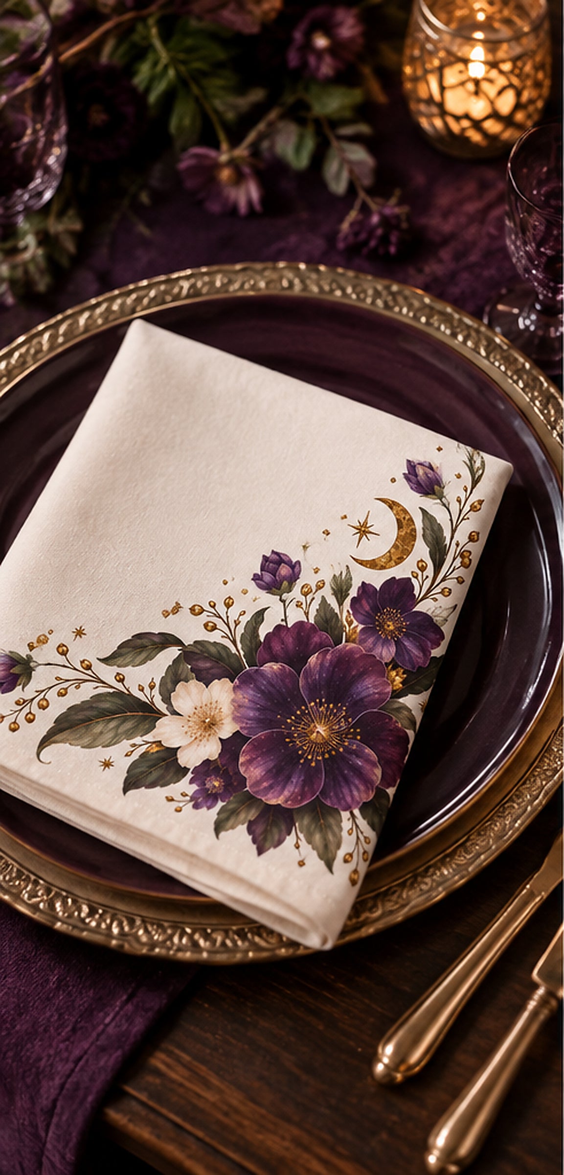 Purple Floral Corner Napkins Set of 4 | Plum Ivory Merlot Table Linens | Luxury Cloth Napkins for Dinner Party