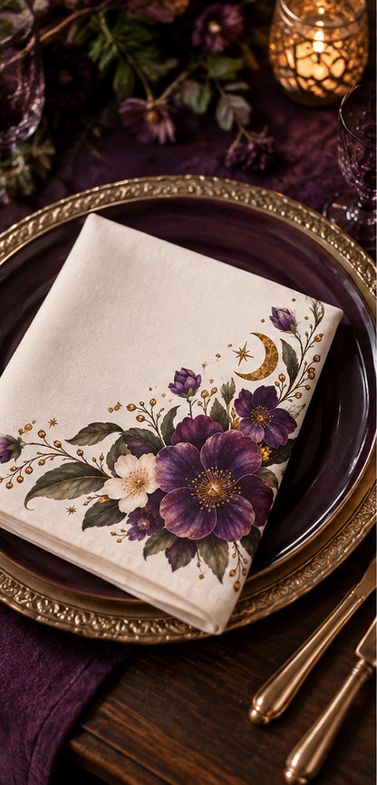 Purple Floral Corner Napkins Set of 4 | Plum Ivory Merlot Table Linens | Luxury Cloth Napkins for Dinner Party