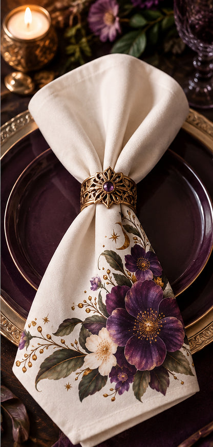 Purple Floral Corner Napkins Set of 4 | Plum Ivory Merlot Table Linens | Luxury Cloth Napkins for Dinner Party