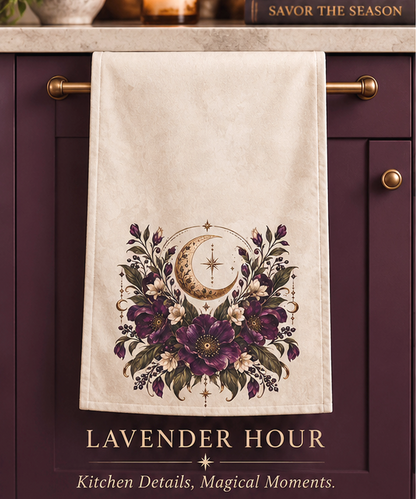 Violet Hour Kitchen Towel | Crescent Moon Floral Tea Towel | Boho Celestial Hand Towel | Whimsigoth Aesthetic
