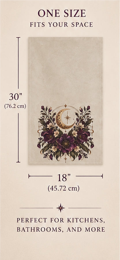Violet Hour Kitchen Towel | Crescent Moon Floral Tea Towel | Boho Celestial Hand Towel | Whimsigoth Aesthetic