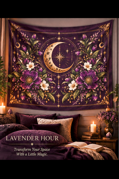 Violet Hour Gold Crescent Moon Floral Indoor Wall Tapestry | Mystic Boho Celestial Decor | Whimsigoth Aesthetic