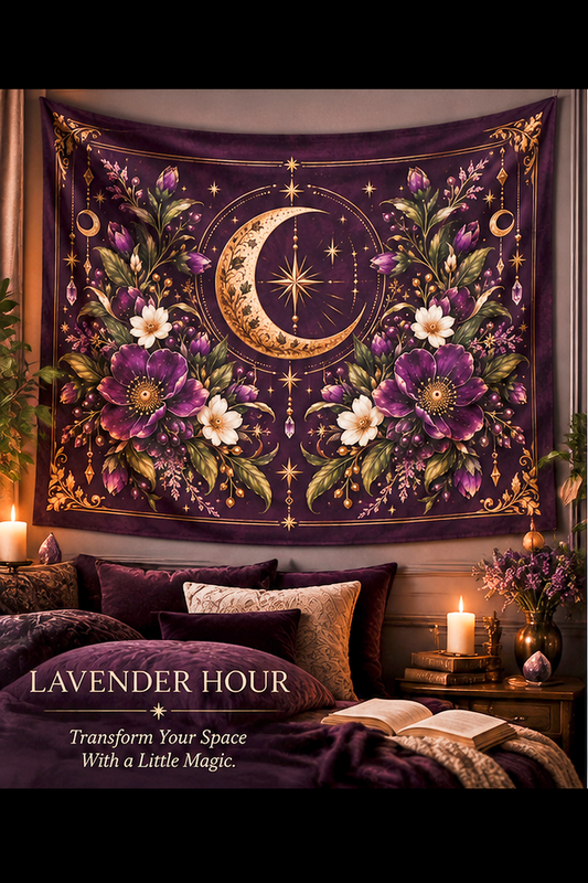 Violet Hour Gold Crescent Moon Floral Indoor Wall Tapestry | Mystic Boho Celestial Decor | Whimsigoth Aesthetic