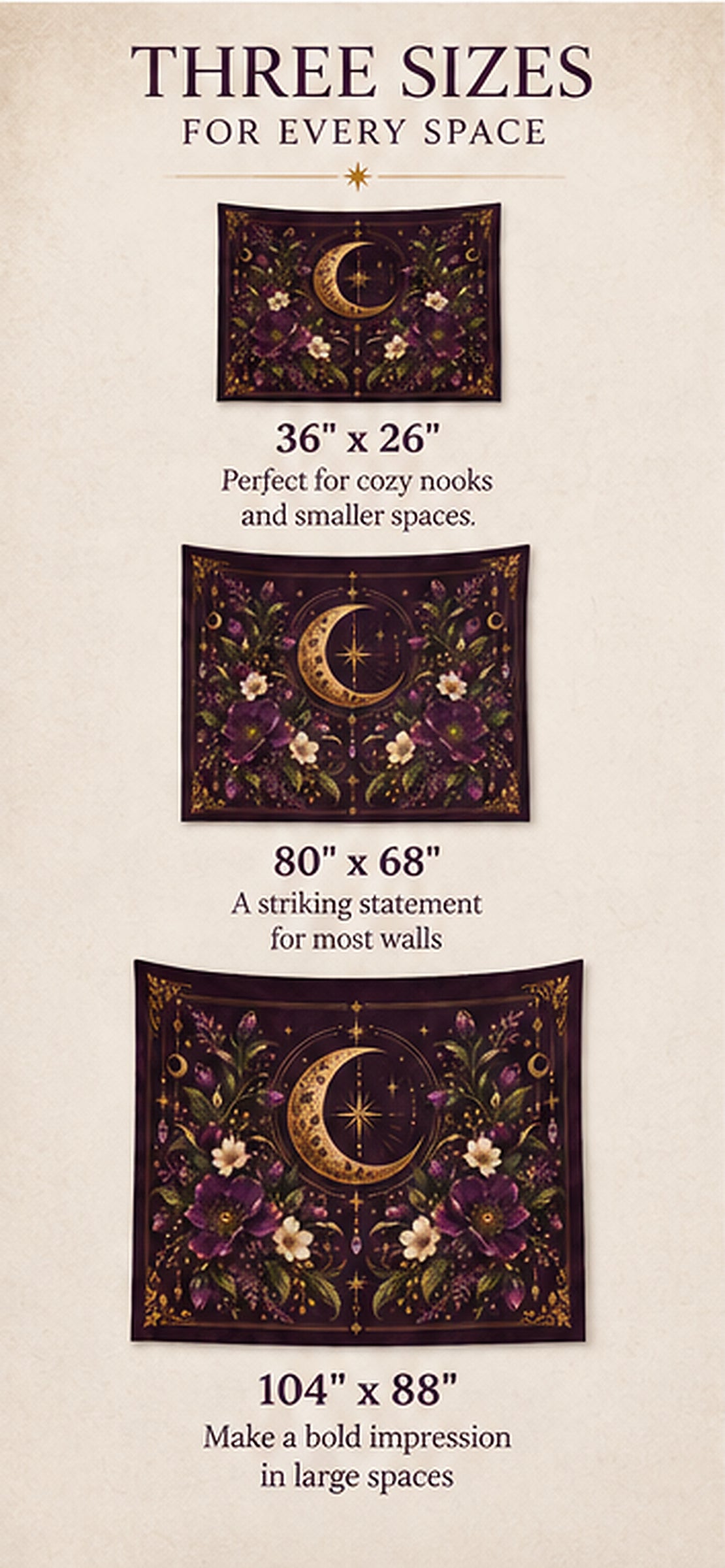 Violet Hour Gold Crescent Moon Floral Indoor Wall Tapestry | Mystic Boho Celestial Decor | Whimsigoth Aesthetic