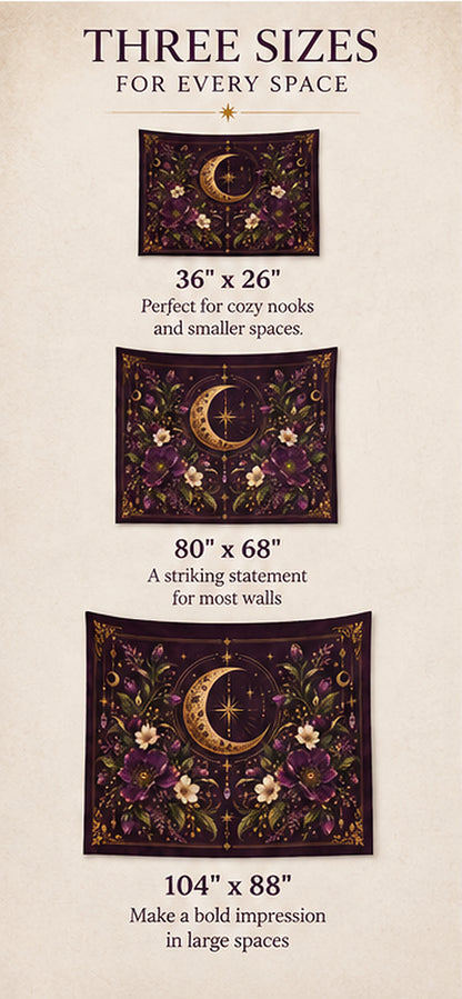 Violet Hour Gold Crescent Moon Floral Indoor Wall Tapestry | Mystic Boho Celestial Decor | Whimsigoth Aesthetic