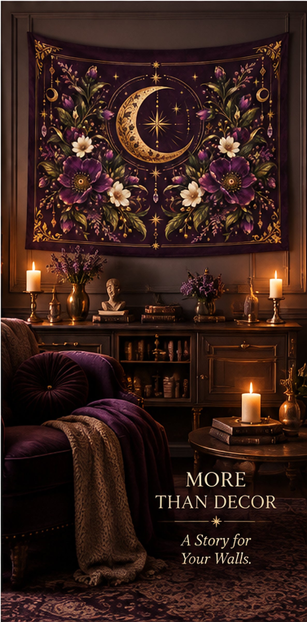 Violet Hour Gold Crescent Moon Floral Indoor Wall Tapestry | Mystic Boho Celestial Decor | Whimsigoth Aesthetic