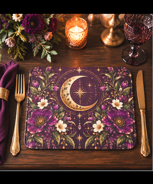 Violet Hour Vintage Floral Placemat | Gold & Plum Crescent Moon Leather Placemat | Floral Celestial Table Decor