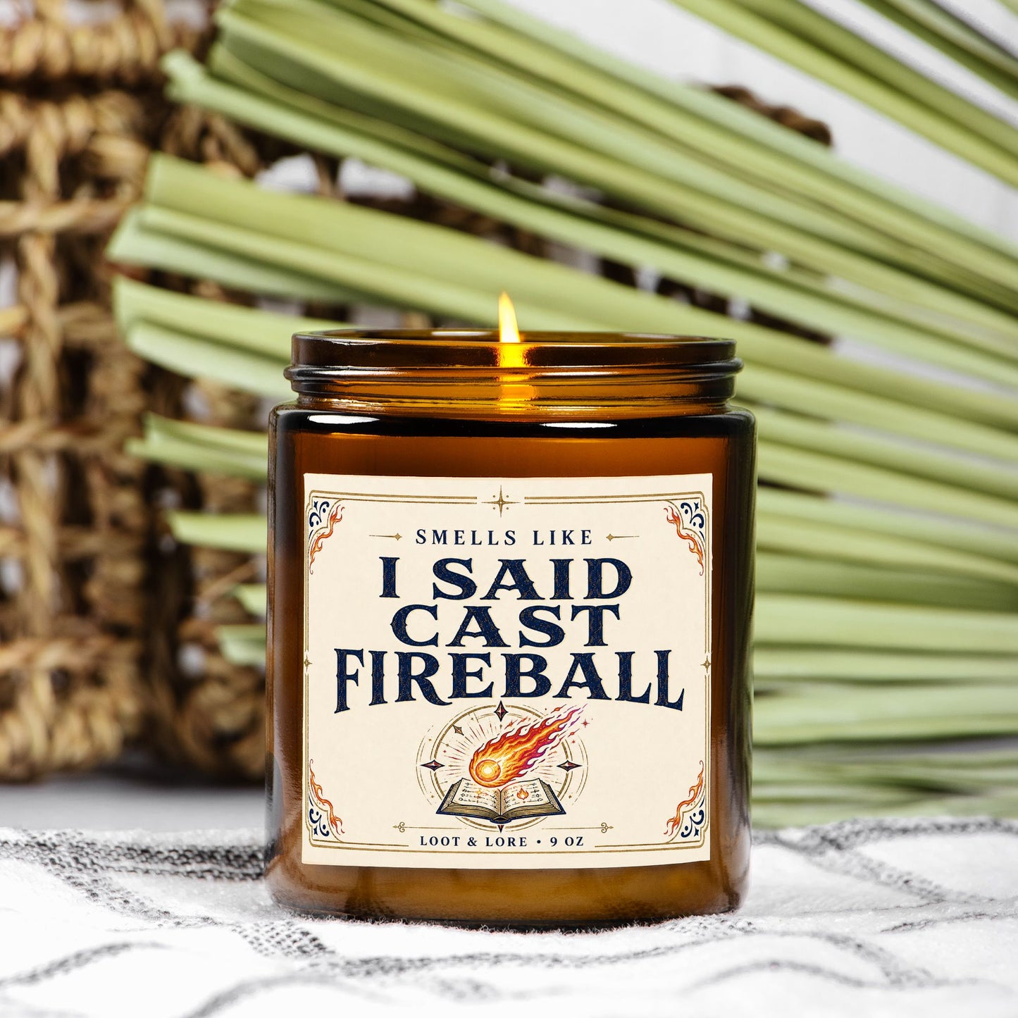 DND Candle Gift, I Said Cast Fireball Funny D&D Gift, Apple Cinnamon Cedar Scented Candle, Hand Poured Coconut Apricot Wax in Amber Jar 9oz