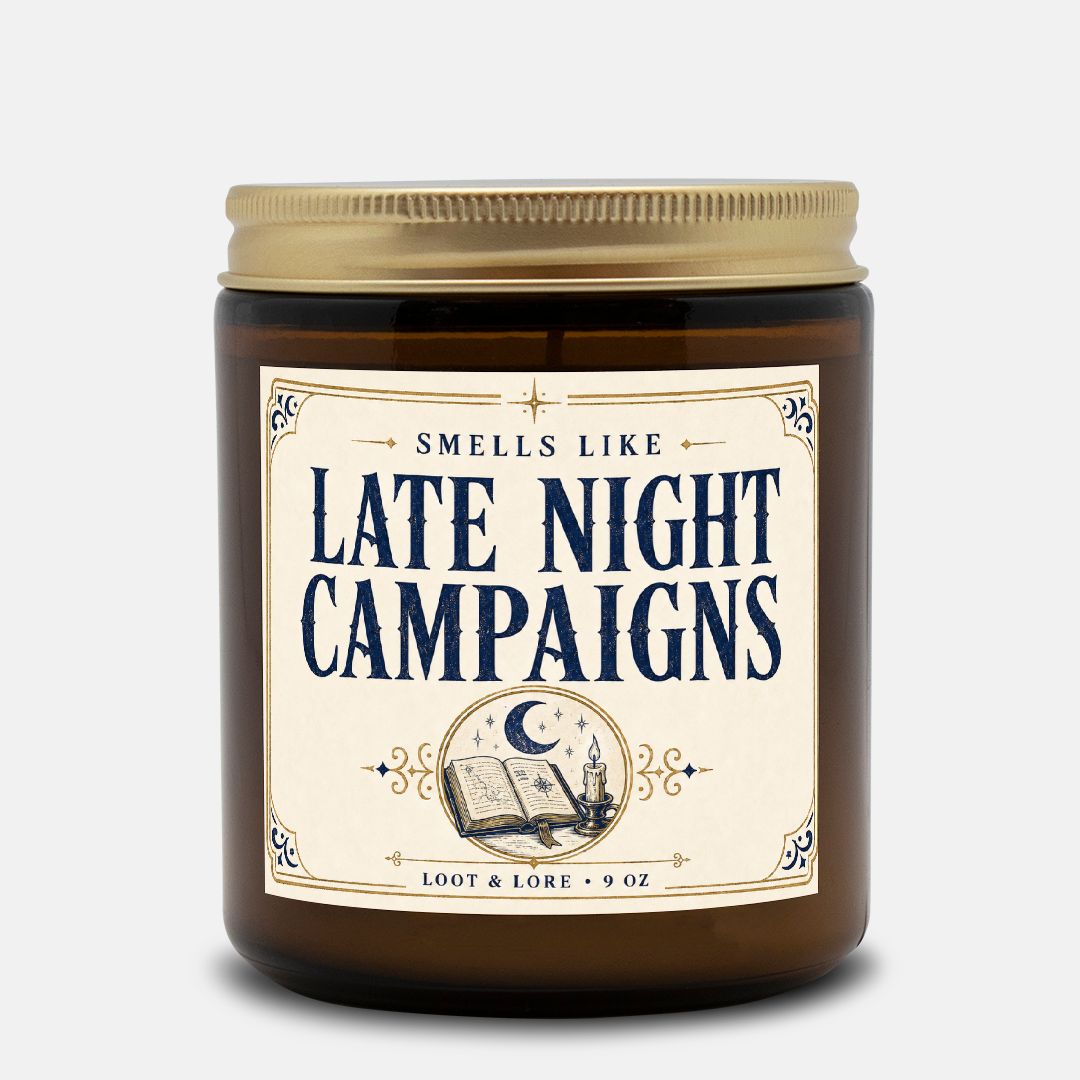 DND Candle Gift, Late Night Campaigns Funny D&D Gift, Coffee Scented Candle, Hand Poured Coconut Apricot Wax in Amber Jar 9oz
