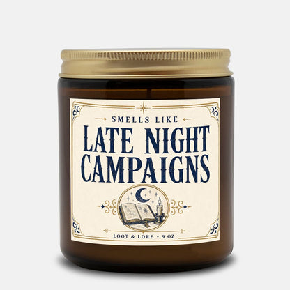 DND Candle Gift, Late Night Campaigns Funny D&D Gift, Coffee Scented Candle, Hand Poured Coconut Apricot Wax in Amber Jar 9oz