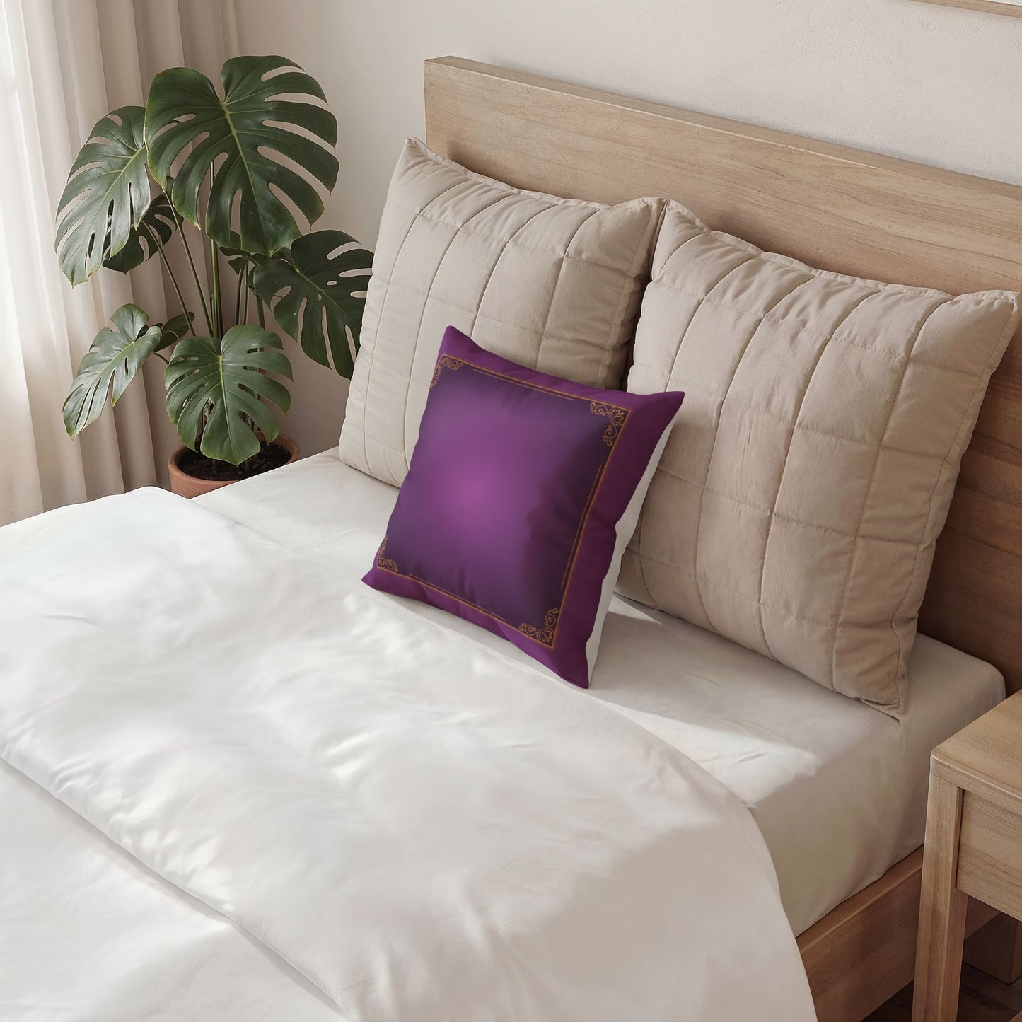 Purple Velvet Decorative Pillow, Gold Filigree Border | Square Throw Pillow