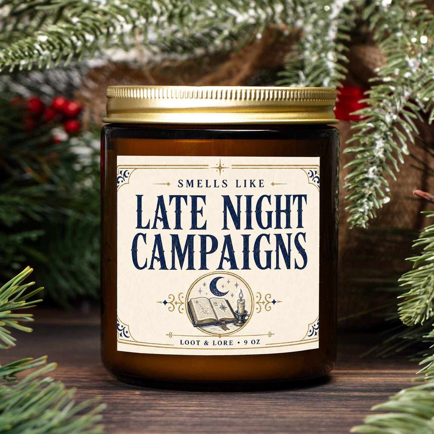 DND Candle Gift, Late Night Campaigns Funny D&D Gift, Coffee Scented Candle, Hand Poured Coconut Apricot Wax in Amber Jar 9oz